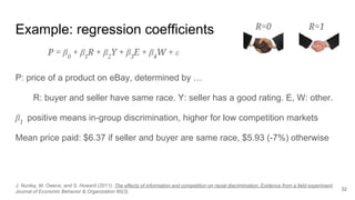 Example: regression coefficients
P: price of a product on eBay, determined by …
R: buyer and seller have same race. Y: seller has a good rating. E, W: other.
β1
positive means in-group discrimination, higher for low competition markets
Mean price paid: $6.37 if seller and buyer are same race, $5.93 (-7%) otherwise
32
J. Nunley, M. Owens, and S. Howard (2011): The effects of information and competition on racial discrimination: Evidence from a field experiment.
Journal of Economic Behavior & Organization 80(3).
P = β0
+ β1
R + β2
Y + β3
E + β4
W + ε
R=0 R=1
 
