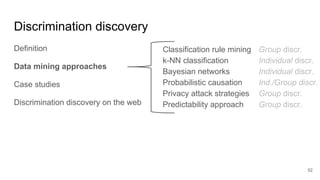 Discrimination discovery
Definition
Data mining approaches
Case studies
Discrimination discovery on the web
52
Classification rule mining Group discr.
k-NN classification Individual discr.
Bayesian networks Individual discr.
Probabilistic causation Ind./Group discr.
Privacy attack strategies Group discr.
Predictability approach Group discr.
 