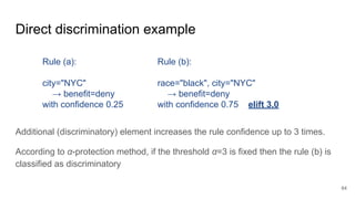 Direct discrimination example
Additional (discriminatory) element increases the rule confidence up to 3 times.
According to α-protection method, if the threshold α=3 is fixed then the rule (b) is
classified as discriminatory
64
Rule (a):
city="NYC"
→ benefit=deny
with confidence 0.25
Rule (b):
race="black", city="NYC"
→ benefit=deny
with confidence 0.75 elift 3.0
 