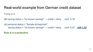 Real-world example from German credit dataset
Fixing α=3:
(B) saving status = "no known savings" → credit = deny conf. 0.18
(A) personal status = "female div/sep/mar",
saving status = "no known savings" → credit = deny conf. 0.27 elift 1.52
Rule A is α-protective.
65
 