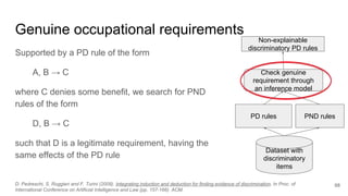 Genuine occupational requirements
Supported by a PD rule of the form
A, B → C
where C denies some benefit, we search for PND
rules of the form
D, B → C
such that D is a legitimate requirement, having the
same effects of the PD rule
68
PD rules
Dataset with
discriminatory
items
Check genuine
requirement through
an inference model
Non-explainable
discriminatory PD rules
PND rules
D. Pedreschi, S. Ruggieri and F. Turini (2009). Integrating induction and deduction for finding evidence of discrimination. In Proc. of
International Conference on Artificial Intelligence and Law (pp. 157-166). ACM.
 