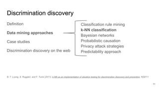 Discrimination discovery
Definition
Data mining approaches
Case studies
Discrimination discovery on the web
71
Classification rule mining
k-NN classification
Bayesian networks
Probabilistic causation
Privacy attack strategies
Predictability approach
B. T. Luong, S. Ruggieri, and F. Turini (2011). k-NN as an implementation of situation testing for discrimination discovery and prevention. KDD'11
 