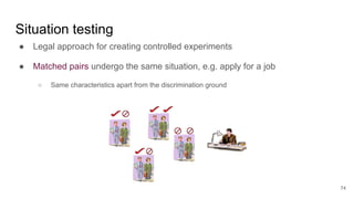 ● Legal approach for creating controlled experiments
● Matched pairs undergo the same situation, e.g. apply for a job
○ Same characteristics apart from the discrimination ground
74
Situation testing
 