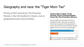 Geography and race: the "Tiger Mom Tax"
Pricing of SAT tutoring by The Princeton
Review in the US doubles for Asians, due to
geographical price discrimination
8J. Angwin and J. Larson (2015). The tiger mom tax. ProPublica.
 