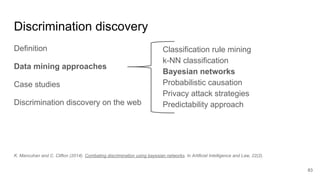 Discrimination discovery
Definition
Data mining approaches
Case studies
Discrimination discovery on the web
83
Classification rule mining
k-NN classification
Bayesian networks
Probabilistic causation
Privacy attack strategies
Predictability approach
K. Mancuhan and C. Clifton (2014). Combating discrimination using bayesian networks. In Artificial Intelligence and Law, 22(2).
 
