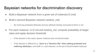 ● Build a Bayesian network from a given set of instances D (net)
● Build a second Bayesian network (relative_net)
○ By removing protected attributes and any attribute directly connected to them in net
● For each instance i in D net and relative_net, compute probability of target
class and apply decision threshold
○ If the decision is the same, ignore: instance was not discriminated
○ If the decision is different (i.e., there is a "decision flip" when adding protected and
redlining attributes), and belift ≥ α, add instance i to the set of discriminated instances
89
Bayesian networks for discrimination discovery
 
