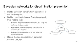 ● Build a Bayesian network from a given set of
instances D (net)
● Build a non-discriminatory Bayesian network
from net (nd_net)
○ Remove the protected attribute nodes, but keep the
redlining attribute nodes
○ Correct the dataset by flipping the class label of
discriminated instances
○ Update probability tables of nd_net using the
corrected dataset
● Return the non-discriminatory Bayesian
network (nd_net)
91
Bayesian networks for discrimination prevention
 