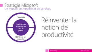 tech.days 2015#mstechdays
Un monde de mobilité et de services
Réinventer la
notion de
productivitéOS Client et
matériel
Expériences
numériques
pro. et
perso.
Cloud OS
 