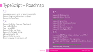 tech.days 2015#mstechdaysSESSION
1.5
Support for Destructuring
Support for Spread Operator
Support for for..of
Support for generators
Support for ES6 Unicode specification
Support for Symbols
Support for Computed properties
Support for tsconfig.json files
2.0
Incorporate ECMAScript 6 features that can be polyfilled
Support for ES6 Modules
Support for local types and class expressions
Investigate top-rated feature requests (mixins, abstract classes,
etc).
Investigate async/await as a desugaring to ES6
Improve lib.d.ts modularity
 