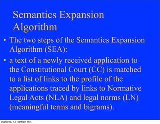 Semantics Expansion
Algorithm
• The two steps of the Semantics Expansion
Algorithm (SEA):
• a text of a newly received application to
the Constitutional Court (CC) is matched
to a list of links to the profile of the
applications traced by links to Normative
Legal Acts (NLA) and legal norms (LN)
(meaningful terms and bigrams).
суббота, 12 ноября 16 г.
 