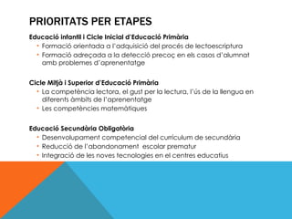 PRIORITATS PER ETAPES Educació infantil i Cicle Inicial d’Educació Primària Formació orientada a l’adquisició del procés de lectoescriptura Formació adreçada a la detecció precoç en els casos d’alumnat amb problemes d’aprenentatge Cicle Mitjà i Superior d’Educació Primària La competència lectora, el gust per la lectura, l’ús de la llengua en diferents àmbits de l’aprenentatge Les competències matemàtiques Educació Secundària Obligatòria Desenvolupament competencial del currículum de secundària Reducció de l’abandonament  escolar prematur Integració de les noves tecnologies en el centres educatius 