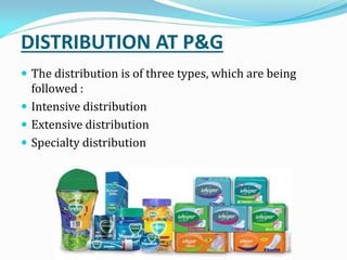 DISTRIBUTION AT P&G
 The distribution is of three types, which are being
followed :
 Intensive distribution
 Extensive distribution
 Specialty distribution
 