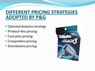 DIFFERENT PRICING STRATEGIES
ADOPTED BY P&G
 Optional-features strategy
 Product-line pricing
 Cost-plus pricing
 Competitive pricing
 Distribution pricing
 