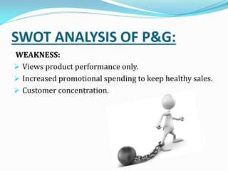 SWOT ANALYSIS OF P&G:
WEAKNESS:
 Views product performance only.
 Increased promotional spending to keep healthy sales.
 Customer concentration.
 