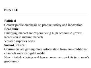 PESTLE
Political
Greater public emphasis on product safety and innovation
Economic
Emerging market are experiencing high economic growth
Recession in mature markets
Volatile supplies costs
Socio-Cultural
Consumers are getting more information from non-traditional
channels such as digital media
New lifestyle choices and hence consumer markets (e.g. men’s
grooming)
 