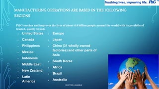MANUFACTURING OPERATIONS ARE BASED IN THE FOLLOWING 
REGIONS 
P&G touches and improves the lives of about 4.4 billion people around the world with its portfolio of 
trusted, quality brands 
 United States 
 Canada 
 Philippines 
 Mexico 
 Indonesia 
 Middle East 
 New Zealand 
 Latin 
America 
 Europe 
 Japan 
 China (31 wholly owned 
factories) and other parts of 
Asia 
 South Korea 
 Africa 
 Brazil 
 Australia 
ROCTOR & GAMBLE 
16 
 