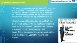 • Chief Executive Magazine has named P&G the 
best overall company for leadership development 
in its list of the “40 Best Companies for Leaders,” 
a feature in its January/February 2012 
issue. This is the second time we’ve received this 
award in the seven years this ranking has 
existed. 
PROCTOR & GAMBLE 
21 
P&G Ranked #1 for Leadership Development 
• P&G has once again earned a top spot on Fortune’s list 
of Most Admired Companies. P&G ranked #1 in our 
industry and #9 overall on the 2012 list. In recent years, 
P&G has consistently earned the top spot within our 
industry while ranking in the top 10 of the overall list. 
 