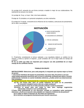 Un puntaje de 9, actuando de una forma correcta a resaltar lo mejor de sus colaboradores. No solamente los censura, los manda. Un puntaje de 8 soy un buen líder; mira hacia adelante. Puntaje de 15 considero a mi personal competente, se cómo motivarlos. El puntaje de 14 siendo consciente de la influencia de los modelos y estructuras de pensamiento, de su valor y sus peligros. 
5.- Finalmente, considerando la lectura realizada y sus resultados, elabore un análisis de los mismos y emita su opinión al respecto. ¿Cuál considera UD. es el mejor estilo de manejo del conflicto? R= Es un estilo que debe ser mejorado para asegurar una alta posibilidad de un mejor manejo de los conflictos futuros. TRABAJO EN GRUPO INSTRUCCIONES: Seleccione, para cada pregunta, la respuesta que exprese mejor su forma de pensar: 1. Uno de los miembros del equipo ha presentado una nueva idea. Se parece a una que usted estaba pensando mencionar pero no tuvo lo suficiente confianza para darla a conocer públicamente. Teniendo en cuenta incidentes anteriores, ¿Cuáles serían sus observaciones más probables? (a) “Eso es interesante. Precisamente iba a mencionar una idea semejante” (b) “Es una buena idea, pero no puede realizarse tal como se ha presentado. Es necesario trabajarla mucho más aún y debe analizarse” (c) Guardo silencio hacer de mi idea parecida y felicito a quien la presentó”. (d) Animo al grupo para que acoja la idea, pero expongo sugerencias adicionales, inclusive si son contradictorias. 2.Todos están participando en una discusión, excepto un compañero quien permanece silencioso. ¿Cuál es su reacción más probable con respecto al silencio de esa persona? (a) Lo mejor es dejar la situación así. No todos son expresivos. (b) Le formulo una pregunta directamente para hacerlo reaccionar. 
MOTIVACIÓN 
NIVEL DE MOTIVACIÓN 
COMO GERENTE 
CUALIDADES DE LIDERAZGO 
TIPO DE LIDERAZGO 
GRADO DE MOTIVACIÓN 
MODELOS DE 
PENSAMIENTO  