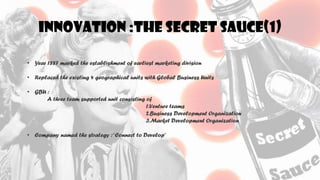 INNOVATION :THE SECRET SAUCE(1)
• Year 1887 marked the establishment of earliest marketing division
• Replaced the existing 4 geographical units with Global Business Units
• GBU :
A three team supported unit consisting of
1.Venture teams
2.Business Development Organization
3.Market Development Organization
• Company named the strategy :“Connect to Develop”
 