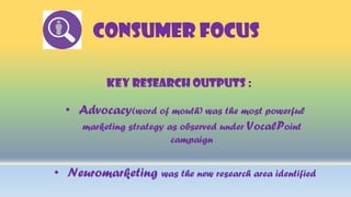 CONSUMER FOCUS
Key research outputs :
• Advocacy(word of mouth) was the most powerful
marketing strategy as observed under VocalPoint
campaign
• Neuromarketing was the new research area identified
 