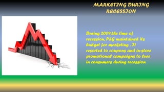 MARKETING DURING
RECESSION
During 2009,the time of
recession, P&G maintained its
budget for marketing . It
resorted to coupons and in-store
promotional campaigns to lure
in consumers during recession
 