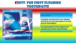 CREST-The FIRST FLOURIDE
TOOTHPASTE
P&G worked with American Dental
Association
Fluoride toothpastes got generic
status in 80s and this made it to slip
out of the market
P&G responded to the threats by
introducing Crest Whitestrips
 