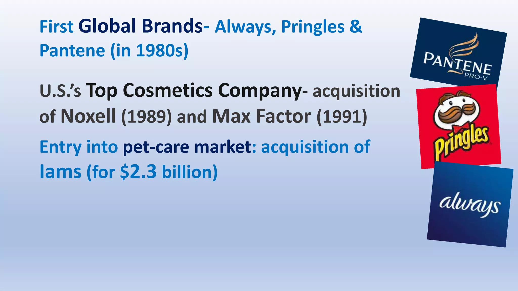 First Global Brands- Always, Pringles &
Pantene (in 1980s)
U.S.’s Top Cosmetics Company- acquisition
of Noxell (1989) and Max Factor (1991)
Entry into pet-care market: acquisition of
Iams (for $2.3 billion)
 