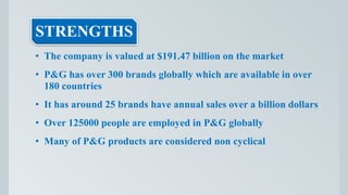 STRENGTHS
• The company is valued at $191.47 billion on the market
• P&G has over 300 brands globally which are available in over
180 countries
• It has around 25 brands have annual sales over a billion dollars
• Over 125000 people are employed in P&G globally
• Many of P&G products are considered non cyclical
 
