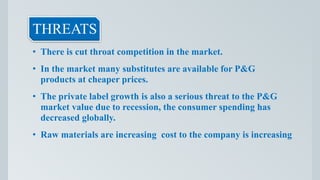 THREATS
• There is cut throat competition in the market.
• In the market many substitutes are available for P&G
products at cheaper prices.
• The private label growth is also a serious threat to the P&G
market value due to recession, the consumer spending has
decreased globally.
• Raw materials are increasing cost to the company is increasing
 