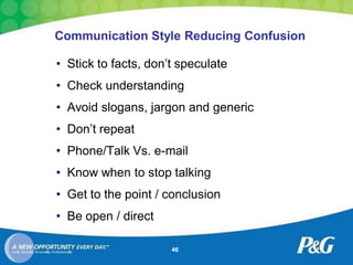 Communication Style Reducing Confusion

• Stick to facts, don’t speculate
• Check understanding
• Avoid slogans, jargon and generic
• Don’t repeat
• Phone/Talk Vs. e-mail
• Know when to stop talking
• Get to the point / conclusion
• Be open / direct

                      46
 