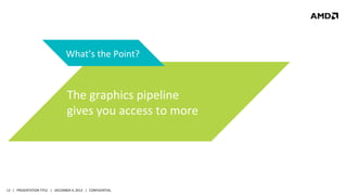 What’s	
  the	
  Point?	
  

The	
  graphics	
  pipeline	
  	
  
gives	
  you	
  access	
  to	
  more	
  

13	
   |	
  	
  	
  PRESENTATION	
  TITLE	
  	
  	
  |	
  	
  	
  DECEMBER	
  4,	
  2013	
  	
  	
  |	
  	
  	
  CONFIDENTIAL	
  

 