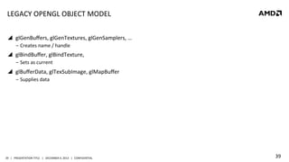 LEGACY	
  OPENGL	
  OBJECT	
  MODEL	
  
!  glGenBuﬀers,	
  glGenTextures,	
  glGenSamplers,	
  …	
  
‒  Creates	
  name	
  /	
  handle	
  

!  glBindBuﬀer,	
  glBindTexture,	
  	
  
‒  Sets	
  as	
  current	
  

!  glBuﬀerData,	
  glTexSubImage,	
  glMapBuﬀer	
  
‒  Supplies	
  data	
  

39	
   |	
  	
  	
  PRESENTATION	
  TITLE	
  	
  	
  |	
  	
  	
  DECEMBER	
  4,	
  2013	
  	
  	
  |	
  	
  	
  CONFIDENTIAL	
  

39	
  

 