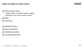 DIRECTX	
  OBJECTS	
  AND	
  VIEWS	
  
!  Resource	
  (base	
  class)	
  
‒  Usage:	
  default,	
  immutable,	
  dynamic,	
  staging	
  
‒  Bind	
  ﬂags:	
  vertex,	
  index,	
  shader	
  resource,	
  …	
  

!  Buﬀer	
  
!  Texture2D,	
  …	
  
!  DepthStencilView	
  
!  RenderTargetView	
  
!  ShaderResourceView	
  
!  UnorderedAccessView	
  

43	
   |	
  	
  	
  PRESENTATION	
  TITLE	
  	
  	
  |	
  	
  	
  DECEMBER	
  4,	
  2013	
  	
  	
  |	
  	
  	
  CONFIDENTIAL	
  

43	
  

 