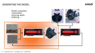GENERATING	
  THE	
  MODEL	
  
Render:	
  projecQon,	
  
rasterizaQon,	
  
texturing,	
  depth	
  
buﬀering,	
  …	
  

57	
   |	
  	
  	
  PRESENTATION	
  TITLE	
  	
  	
  |	
  	
  	
  DECEMBER	
  4,	
  2013	
  	
  	
  |	
  	
  	
  CONFIDENTIAL	
  

 