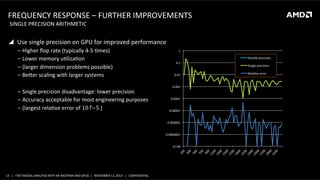 FREQUENCY	
  RESPONSE	
  –	
  FURTHER	
  IMPROVEMENTS	
  
	
  SINGLE	
  PRECISION	
  ARITHMETIC	
  

!  Use	
  single	
  precision	
  on	
  GPU	
  for	
  improved	
  performance	
  
‒  Higher	
  ﬂop	
  rate	
  (typically	
  4-­‐5	
  Smes)	
  
‒  Lower	
  memory	
  uSlizaSon	
  	
  
‒  (larger	
  dimension	
  problems	
  possible)	
  
‒  Beer	
  scaling	
  with	
  larger	
  systems	
  
‒  Single	
  precision	
  disadvantage:	
  lower	
  precision	
  
‒  Accuracy	
  acceptable	
  for	
  most	
  engineering	
  purposes	
  
‒  (largest	
  relaSve	
  error	
  of	
  ​10↑−5 )	
  

1	
  
Double	
  precision	
  
0.1	
  
0.01	
  
0.001	
  
0.0001	
  
0.00001	
  
0.000001	
  
0.0000001	
  
1E-­‐08	
  

13	
   |	
  	
  	
  FAST	
  MODAL	
  ANALYSIS	
  WITH	
  NX	
  NASTRAN	
  AND	
  GPUS	
  	
  |	
  	
  	
  NOVEMBER	
  12,	
  2013	
  	
  	
  |	
  	
  	
  CONFIDENTIAL	
  

Single	
  precision	
  
RelaSve	
  error	
  

 
