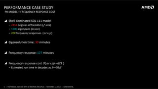 PERFORMANCE	
  CASE	
  STUDY	
  

	
  PR	
  MODEL	
  –	
  FREQUENCY	
  RESPONSE	
  COST	
  

!  Shell	
  dominated	
  SOL	
  111	
  model	
  
‒  245K	
  degrees	
  of	
  freedom	
  ( 𝑓-­‐size)	
  
‒  1200	
  eigenpairs	
  (ℎ-­‐size)	
  
‒  20K	
  frequency	
  responses	
  	
  ( 𝑛𝑟𝑒𝑠𝑝)	
  

!  EigensoluSon	
  Sme:	
  30	
  minutes	
  
!  Frequency	
  response:	
  127	
  minutes	
  
!  Frequency	
  response	
  cost	
   𝑂( 𝑛𝑟𝑒𝑠𝑝  ∗​ℎ↑3 )	
  
‒  EsSmated	
  run	
  Sme	
  in	
  decades	
  as	
  ℎ→60 𝐾	
  

6	
   |	
  	
  	
  FAST	
  MODAL	
  ANALYSIS	
  WITH	
  NX	
  NASTRAN	
  AND	
  GPUS	
  	
  |	
  	
  	
  NOVEMBER	
  12,	
  2013	
  	
  	
  |	
  	
  	
  CONFIDENTIAL	
  

 
