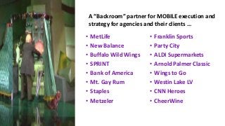 • MetLife
• New Balance
• Buffalo Wild Wings
• SPRINT
• Bank of America
• Mt. Gay Rum
• Staples
• Metzeler
• Franklin Sports
• Party City
• ALDI Supermarkets
• Arnold Palmer Classic
• Wings to Go
• Westin Lake LV
• CNN Heroes
• CheerWine
A “Backroom” partner for MOBILE execution and
strategy for agencies and their clients …
 
