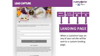 LEAD CAPTURE
LANDING PAGE
When a customer taps on
any of your ad she will be
sent to a custom landing
page.
MOBILE
DISPLAY
IN-APP
NETWORKS
FACEBOOK INSTAGRAM
 