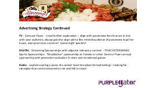 Advertising Strategy Continued
TV - Comcast Flyers - need further exploration – align with passionate fans that are in line
with your audience, always good to align with a like minded audience of passionate loyal fan
bases, everyone loves a winner! Game night specials?
DIGITAL - Streaming Sponsorships with adjacent relevancy content - TO BE DETERMINED
Sports Sponsorships: “Meatlocker” sponsorship on Fanatic or other Sixers or Flyers annual
sponsorship with promotion activation in store and at selected games
Radio - explore owning a piece of a winter team broadcast (brand-tailing) – looking for
synergies that can be executed on-air and felt in-store!
 