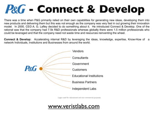 - Connect & Develop
There was a time when P&G primarily relied on their own capabilities for generating new ideas, developing them into
new products and delivering them but this was not enough as the company was very fast in out growing their innovation
model. In 2000, CEO A. G. Lafley decided to do something about it. He introduced Connect & Develop. One of the
rational was that the company had 7.5k R&D professionals whereas globally there were 1.5 million professionals who
could be leveraged and that the company need not waste time and resources reinventing the wheel.

Connect & Develop: Accelerating internal R&D by leveraging the ideas, knowledge, expertise, Know-How of            a
network Individuals, Institutions and Businesses from around the world.




                                           Logos used for educational and non commercial purposes.




                                   www.veristlabs.com
 