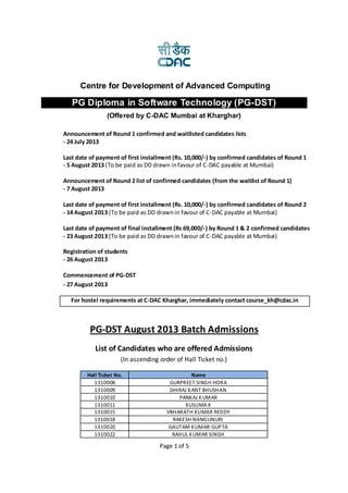 Page 1 of 5
PG-DST August 2013 Batch Admissions
List of Candidates who are offered Admissions
(In ascending order of Hall Ticket no.)
Hall Ticket No. Name
1310008 GURPREET SINGH HORA
1310009 DHIRAJ KANT BHUSHAN
1310010 PANKAJ KUMAR
1310011 KUSUMA K
1310015 VBHARATH KUMAR REDDY
1310018 RAKESH NANGUNURI
1310020 GAUTAM KUMAR GUPTA
1310022 RAHUL KUMAR SINGH
Centre for Development of Advanced Computing
PG Diploma in Software Technology (PG-DST)
(Offered by C-DAC Mumbai at Kharghar)
Announcement of Round 1 confirmed and waitlisted candidates lists
- 24 July 2013
Last date of payment of first installment (Rs. 10,000/-) by confirmed candidates of Round 1
- 5 August 2013 (To be paid as DD drawn infavour of C-DAC payable at Mumbai)
Announcement of Round 2 list of confirmed candidates (from the waitlist of Round 1)
- 7 August 2013
Last date of payment of first installment (Rs. 10,000/-) by confirmed candidates of Round 2
- 14 August 2013 (To be paid as DD drawnin favour of C-DAC payable at Mumbai)
Last date of payment of final installment (Rs 69,000/-) by Round 1 & 2 confirmed candidates
- 23 August 2013 (To be paid as DD drawnin favour of C-DAC payable at Mumbai)
Registration of students
- 26 August 2013
Commencement of PG-DST
- 27 August 2013
For hostel requirements at C-DAC Kharghar, immediately contact course_kh@cdac.in
 