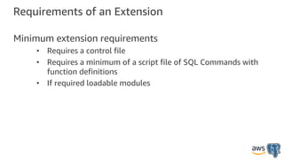 Requirements of an Extension
Minimum extension requirements
• Requires a control file
• Requires a minimum of a script file of SQL Commands with
function definitions
• If required loadable modules
 