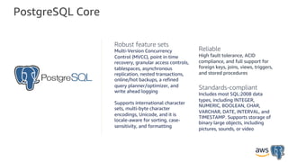 PostgreSQL Core
Robust feature sets
Multi-Version Concurrency
Control (MVCC), point in time
recovery, granular access controls,
tablespaces, asynchronous
replication, nested transactions,
online/hot backups, a refined
query planner/optimizer, and
write ahead logging
Supports international character
sets, multi-byte character
encodings, Unicode, and it is
locale-aware for sorting, case-
sensitivity, and formatting
Reliable
High fault tolerance, ACID
compliance, and full support for
foreign keys, joins, views, triggers,
and stored procedures
Standards-compliant
Includes most SQL:2008 data
types, including INTEGER,
NUMERIC, BOOLEAN, CHAR,
VARCHAR, DATE, INTERVAL, and
TIMESTAMP. Supports storage of
binary large objects, including
pictures, sounds, or video
 