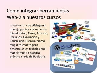 Como integrar herramientas Web-2 a nuestros cursos La estructura de  Webquest  maneja puntos claves como: Introducción, Tarea, Proceso, Recursos, Evaluación y Conclusión. Crea un marco muy interesante para desarrollar los trabajos que manejamos en nuestra práctica diaria de Pediatría. 