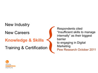 New Industry
                           Respondents cited
New Careers                “Insufficient skills to manage
                           internally” as their biggest
Knowledge & Skills         barrier
                           to engaging in Digital
                           Marketing
Training & Certification   Pew Research October 2011
 