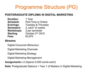 Programme Structure (PG)
POSTGRADUATE DIPLOMA IN DIGITAL MARKETING
  Duration:       1 Year
  Schedule:       Part-Time or Online
  Evenings:       Tuesday & Thursday
  Semesters:      2, each 12 weeks
  Workshops:      2 per semester
  Starting:       October 2nd 2012
  Fees:           €3,970
Streams
  Digital Consumer Behaviour
  Digital Marketing Channels
  Digital Marketing Strategy
  Digital Marketing Management
Assignments x 2 (Approx 5,000 words each)
Note: Postgraduate Diploma = Year 1 of Masters in Digital Marketing
 