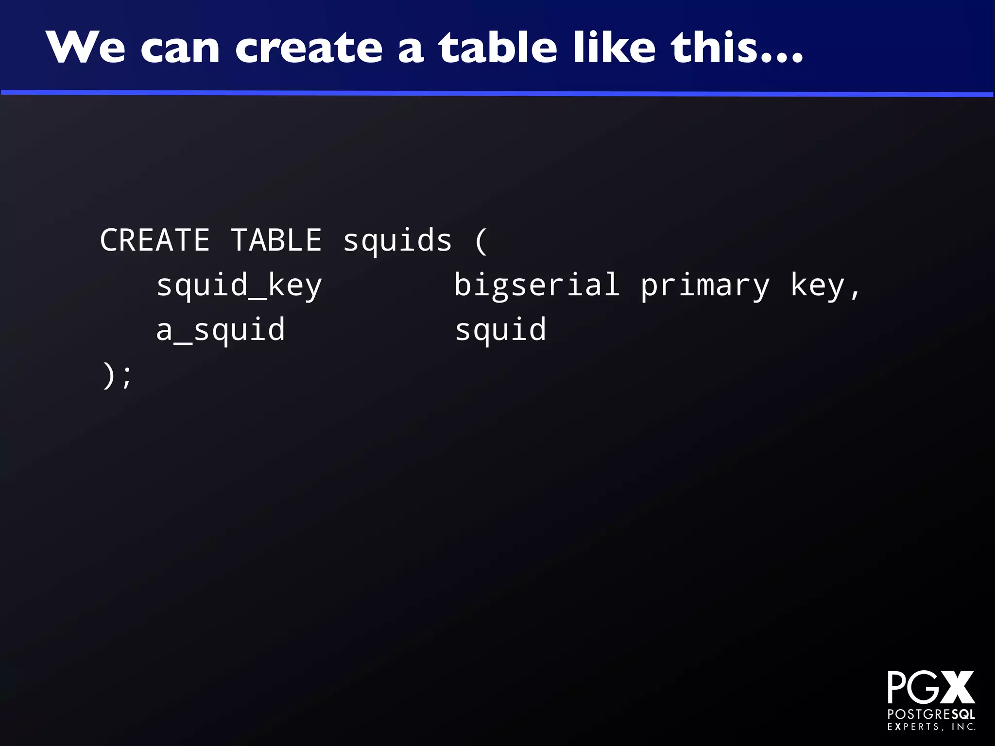 We can create a table like this…



  CREATE TABLE squids (
     squid_key       bigserial primary key,
     a_squid         squid
  );
 