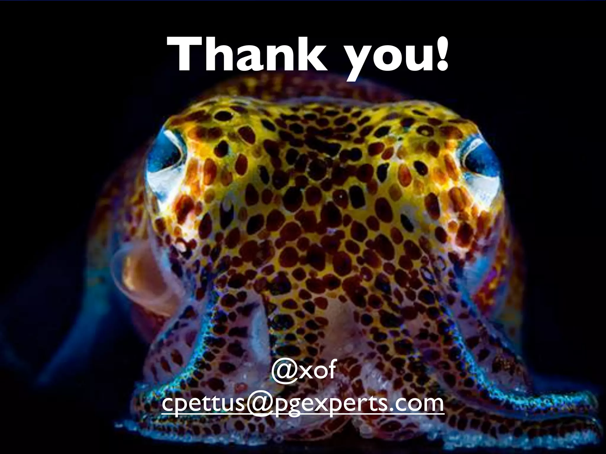 Thank you!




        @xof
cpettus@pgexperts.com
 