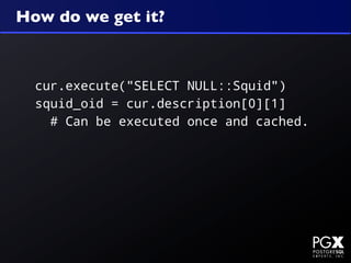 How do we get it?



  cur.execute("SELECT NULL::Squid")
  squid_oid = cur.description[0][1]
    # Can be executed once and cached.
 