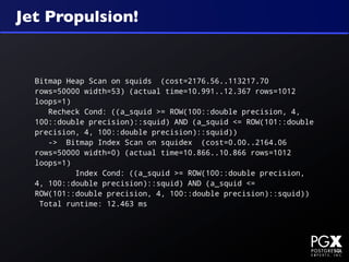 Jet Propulsion!


  Bitmap Heap Scan on squids (cost=2176.56..113217.70
  rows=50000 width=53) (actual time=10.991..12.367 rows=1012
  loops=1)
     Recheck Cond: ((a_squid >= ROW(100::double precision, 4,
  100::double precision)::squid) AND (a_squid <= ROW(101::double
  precision, 4, 100::double precision)::squid))
     -> Bitmap Index Scan on squidex (cost=0.00..2164.06
  rows=50000 width=0) (actual time=10.866..10.866 rows=1012
  loops=1)
           Index Cond: ((a_squid >= ROW(100::double precision,
  4, 100::double precision)::squid) AND (a_squid <=
  ROW(101::double precision, 4, 100::double precision)::squid))
   Total runtime: 12.463 ms
 